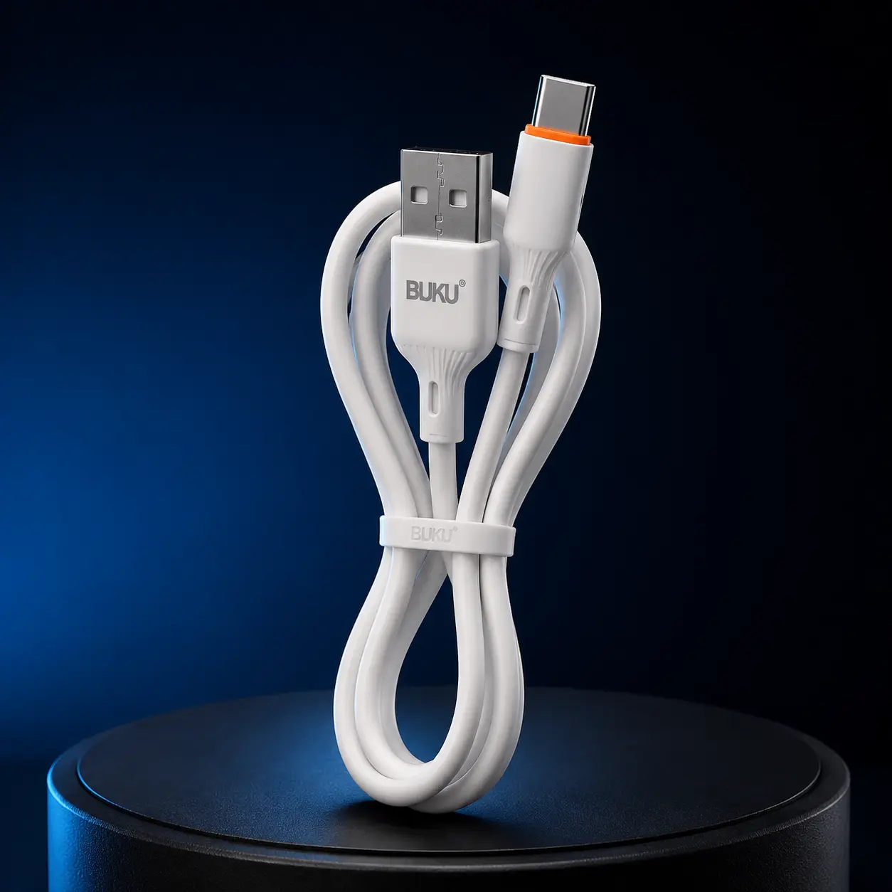 نمای کلی کابل شارژ بوکو MA101C USB به تایپ سی برزنتی 2.4 آمپر سفید با پس‌زمینه رنگی